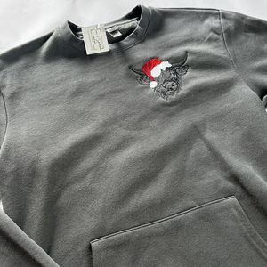 Handmade Embroidered Santa Highland Cow Sweatshirt With Kangaroo Pocket Small